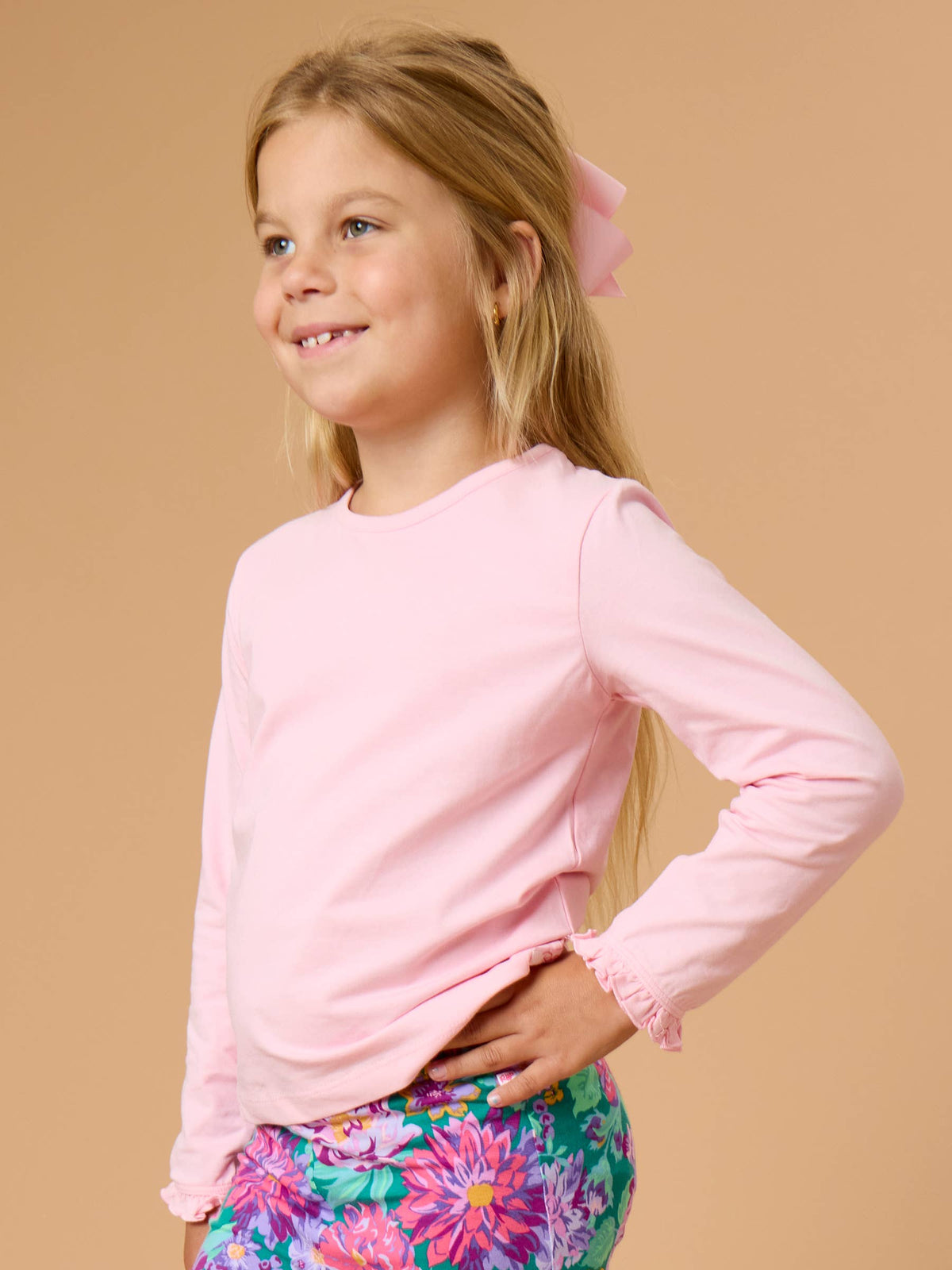Girls Pink Knit Long Sleeve Ruffle Sleeve Top