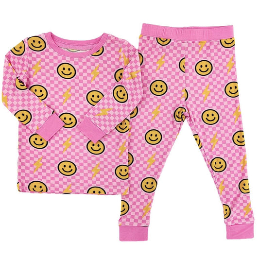 Pink Bolt Check Bamboo Set