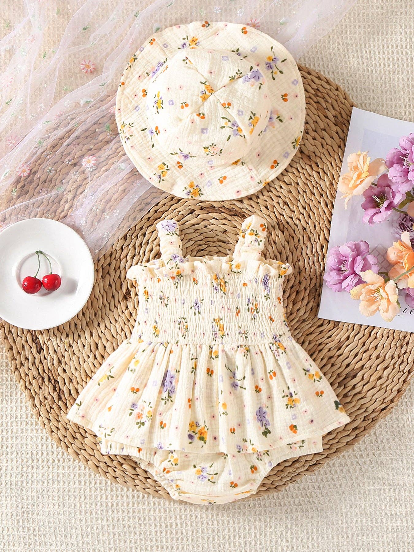 Muslin Floral Smocked Baby Romper with Matching Hat: 18M