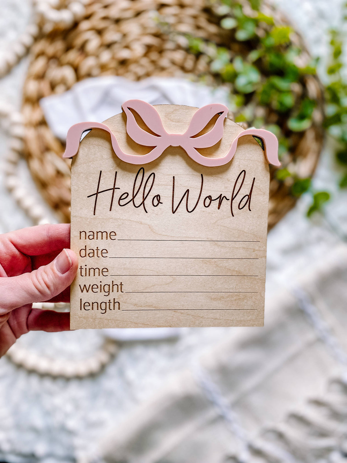 Hello World Birth Stat Sign - Bows: Blush