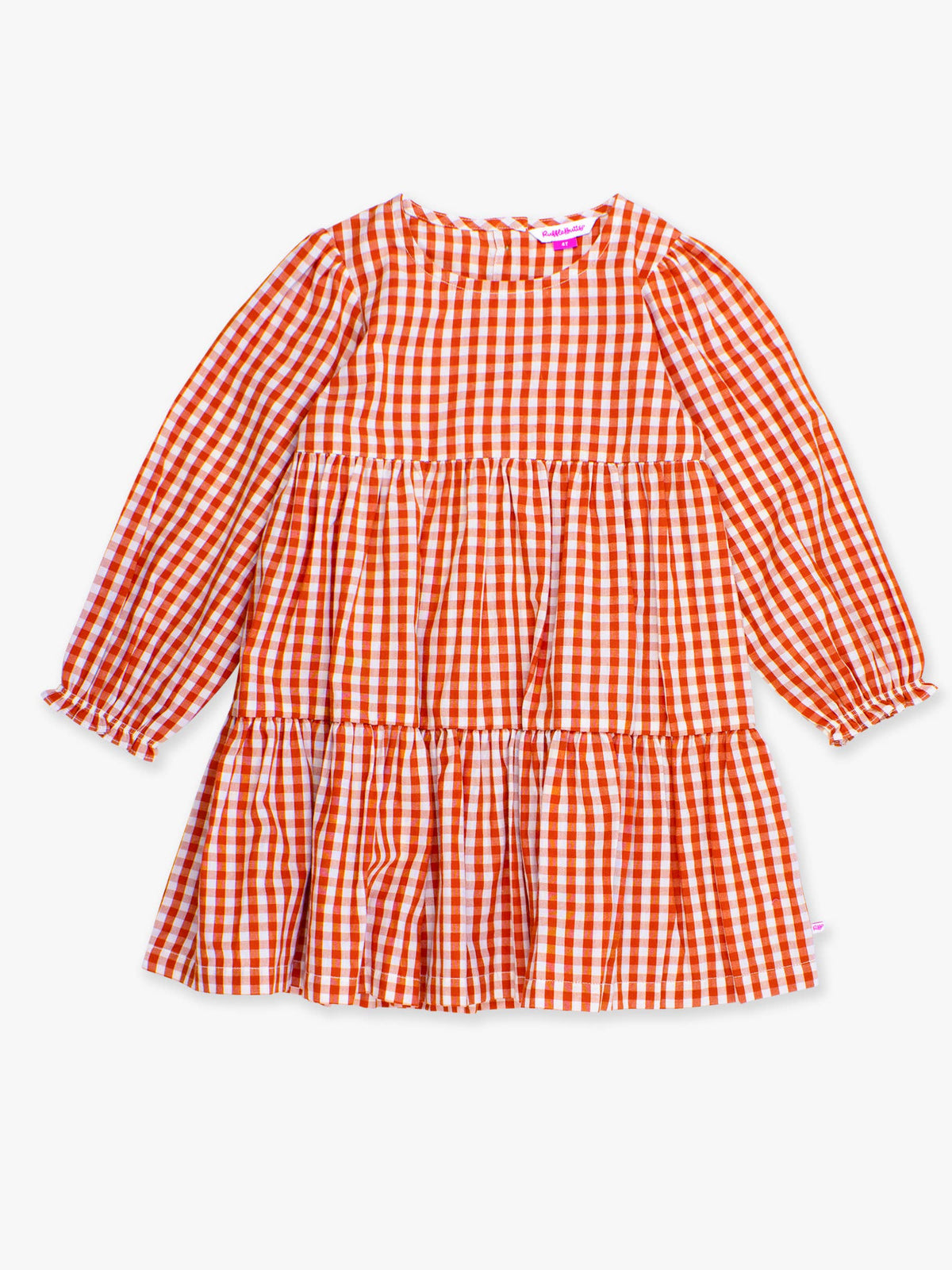 Girls Classic Rust Gingham Woven Long Sleeve Tiered Twirl Dress: Orange