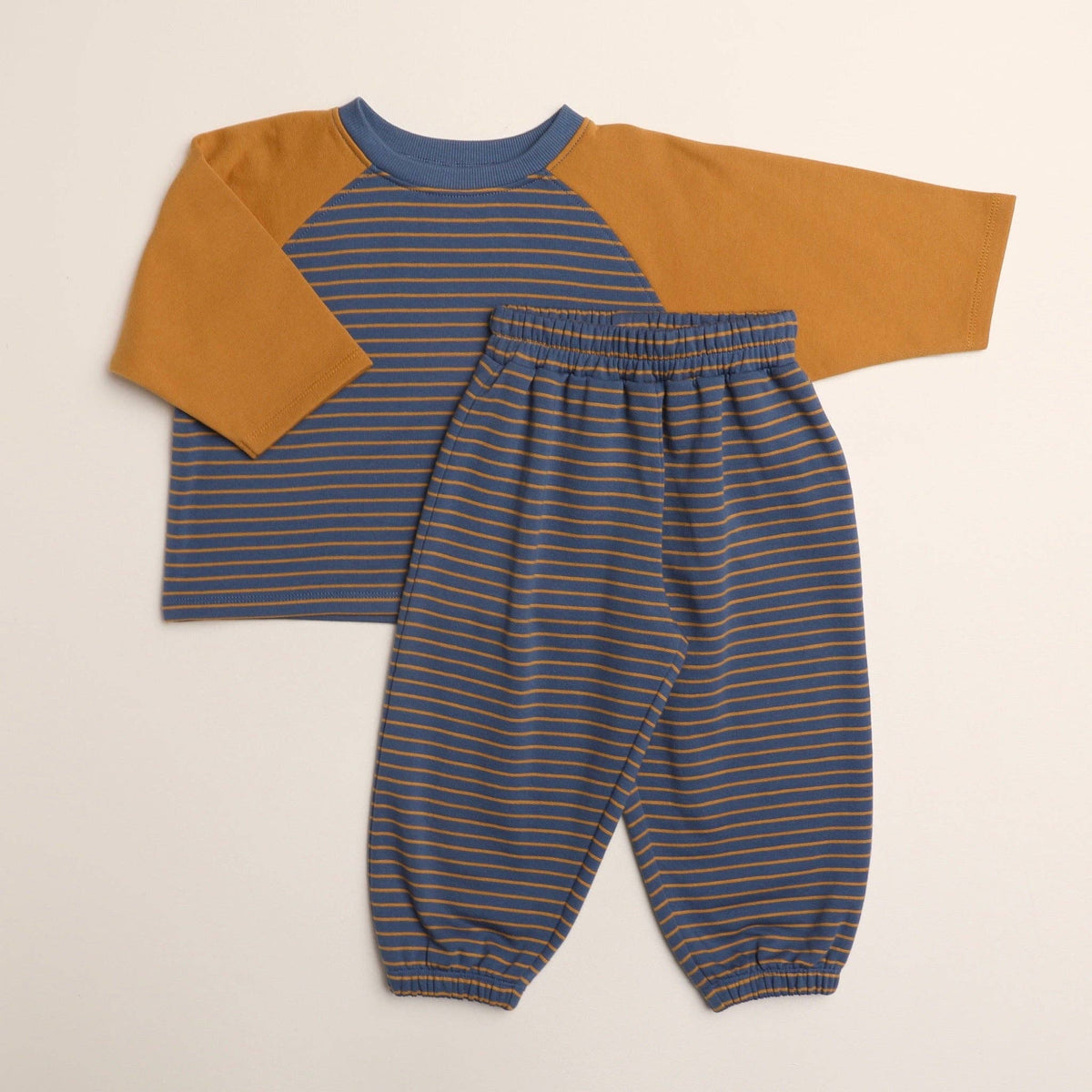 Chase Set in Thin Stone Blue Mustard Stripe: 6-12 Months