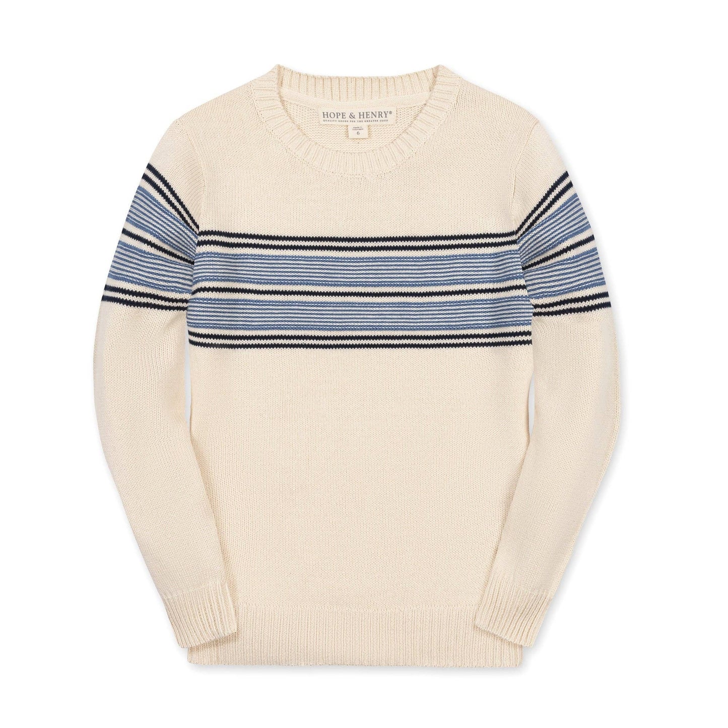 Organic Crewneck Sweater: Ivory and Blue Chest Stripe