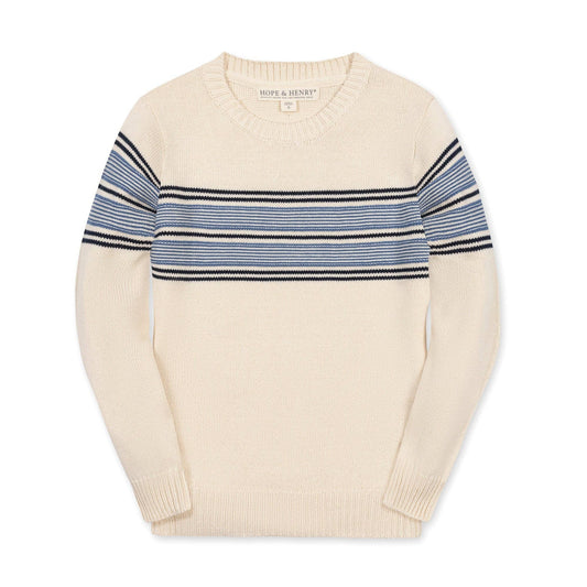 Organic Crewneck Sweater: Ivory and Blue Chest Stripe