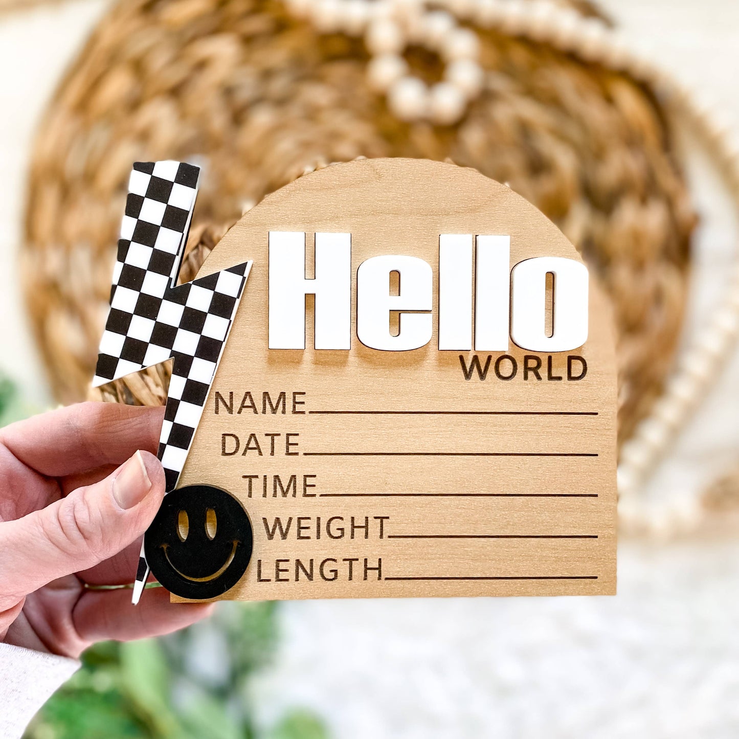 Hello World Birth Stat Sign - Checkered Bolt: Black