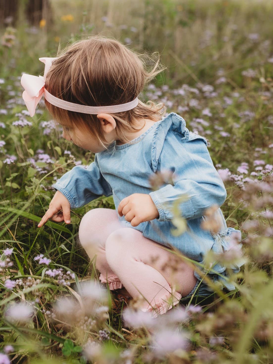 Baby Girls Light Wash Long Sleeve Flutter Bubble Romper: Blue