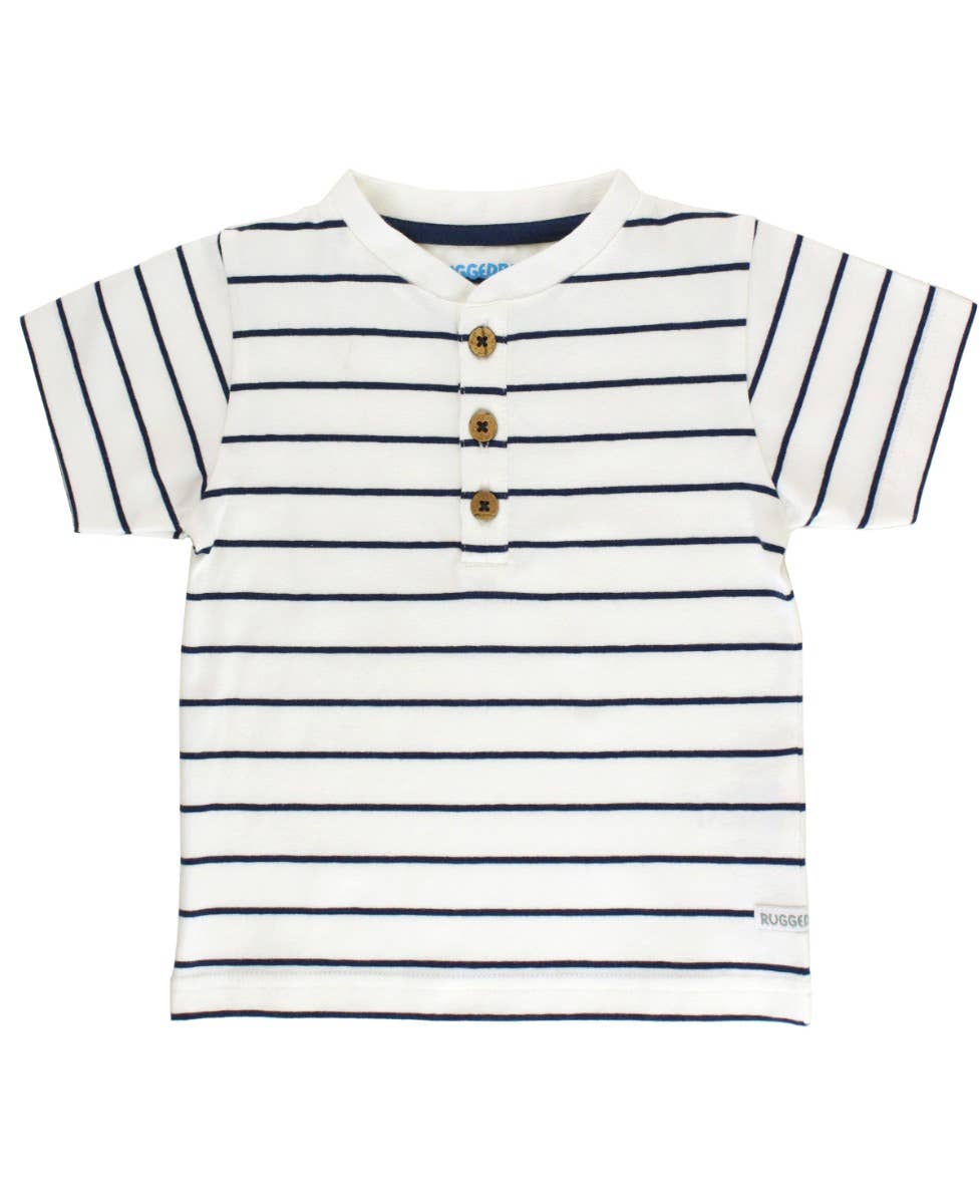 Boys White & Navy Stripe Short Sleeve Henley: Blue / 6