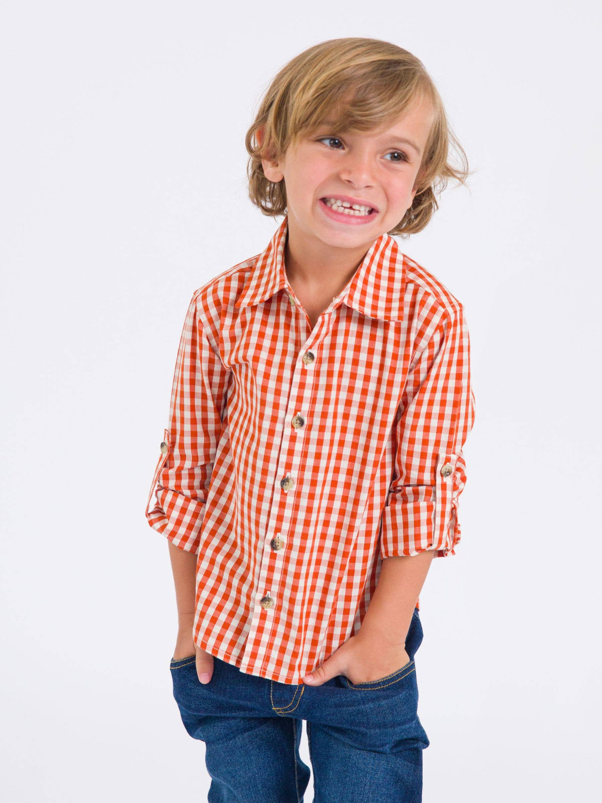 Boys Classic Rust Gingham Long Sleeve Button Down Shirt: Orange
