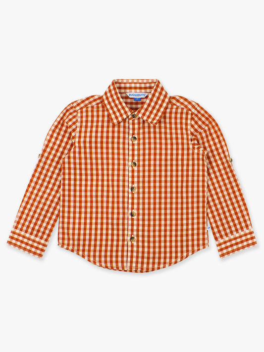 Boys Classic Rust Gingham Long Sleeve Button Down Shirt: Orange