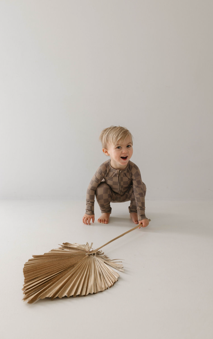 Bamboo Zip Pajamas | Faded Brown Checkerboard: 3-6 Months