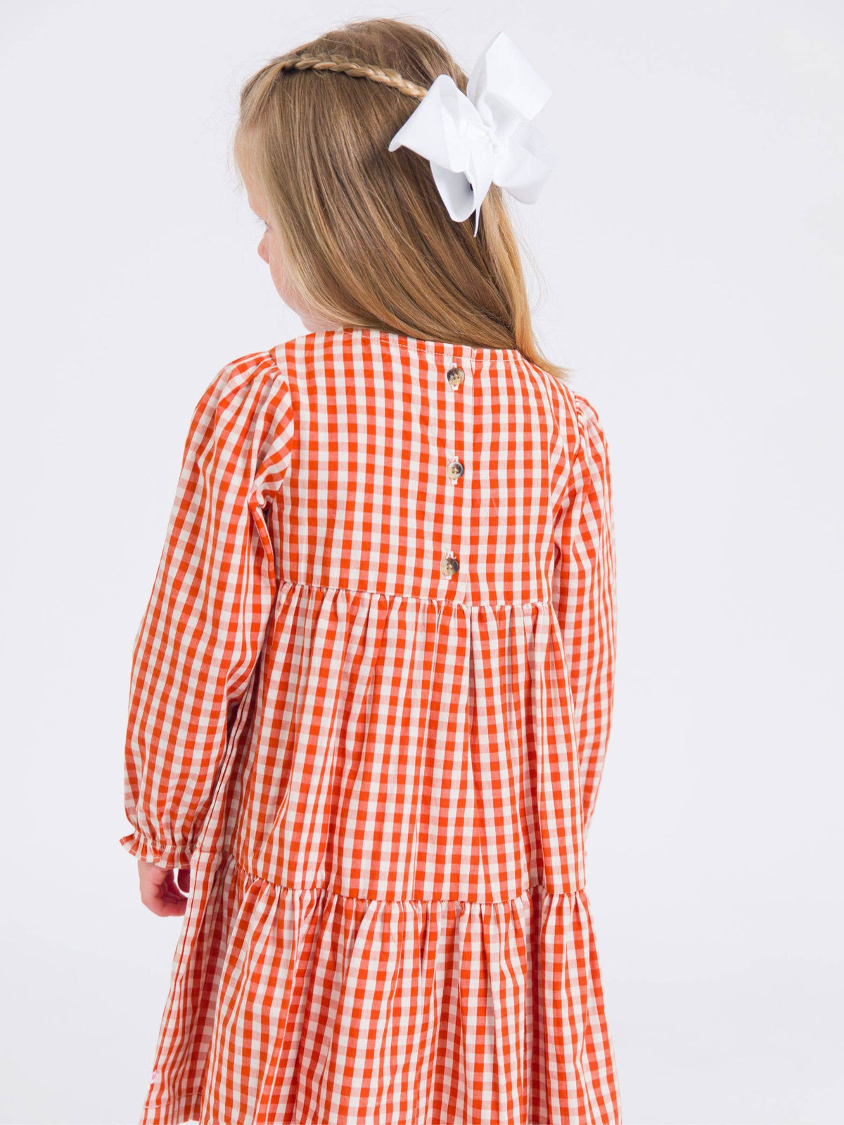 Girls Classic Rust Gingham Woven Long Sleeve Tiered Twirl Dress: Orange