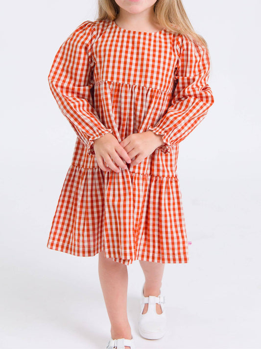 Girls Classic Rust Gingham Woven Long Sleeve Tiered Twirl Dress: Orange