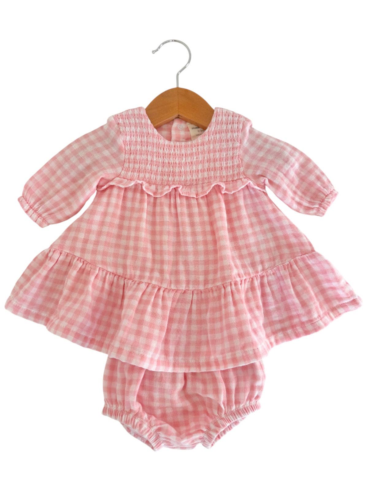 Smocked Ruffle Tiered Dress & Bloomer, Pink Gingham