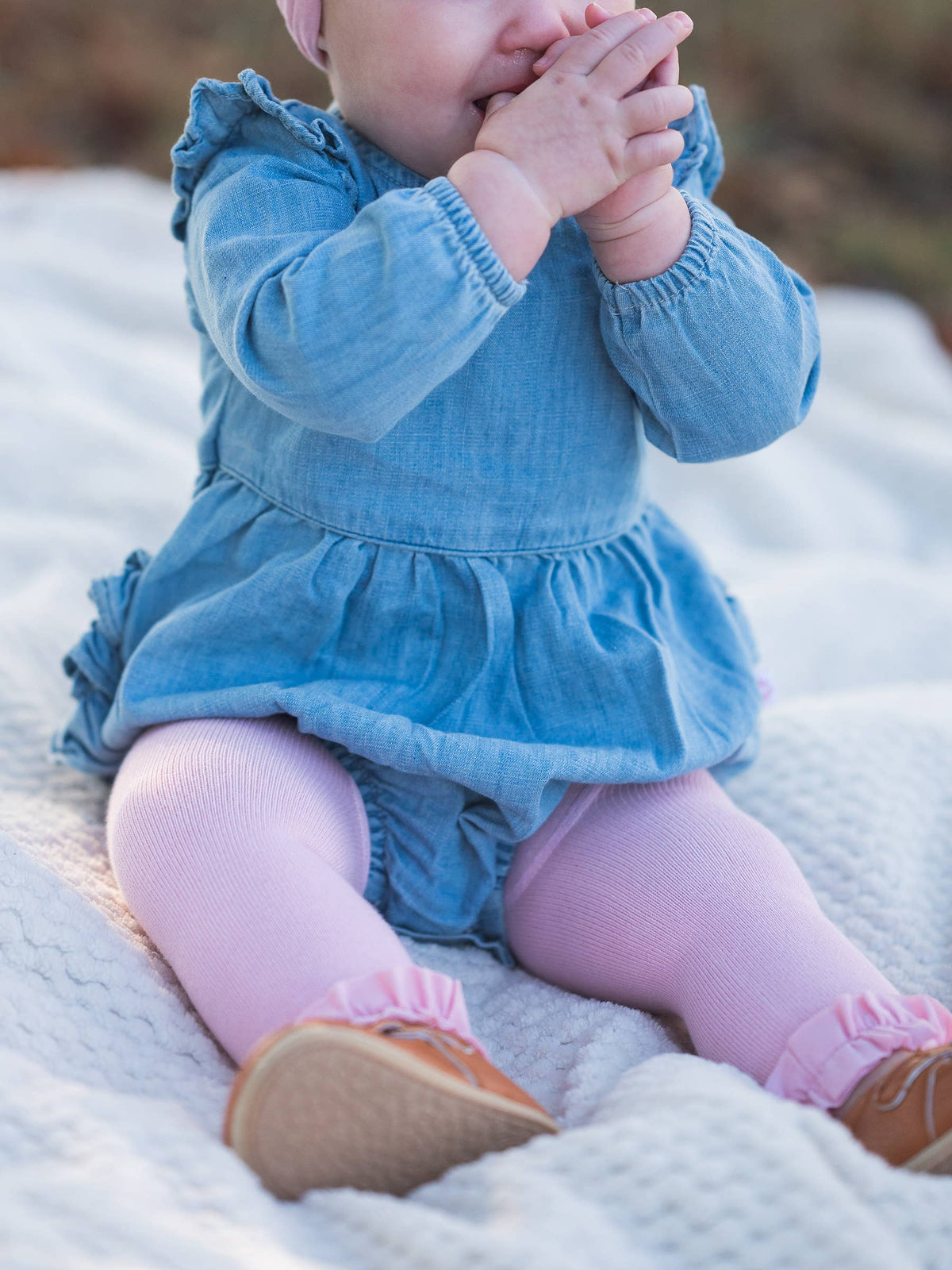 Baby Girls Light Wash Long Sleeve Flutter Bubble Romper: Blue