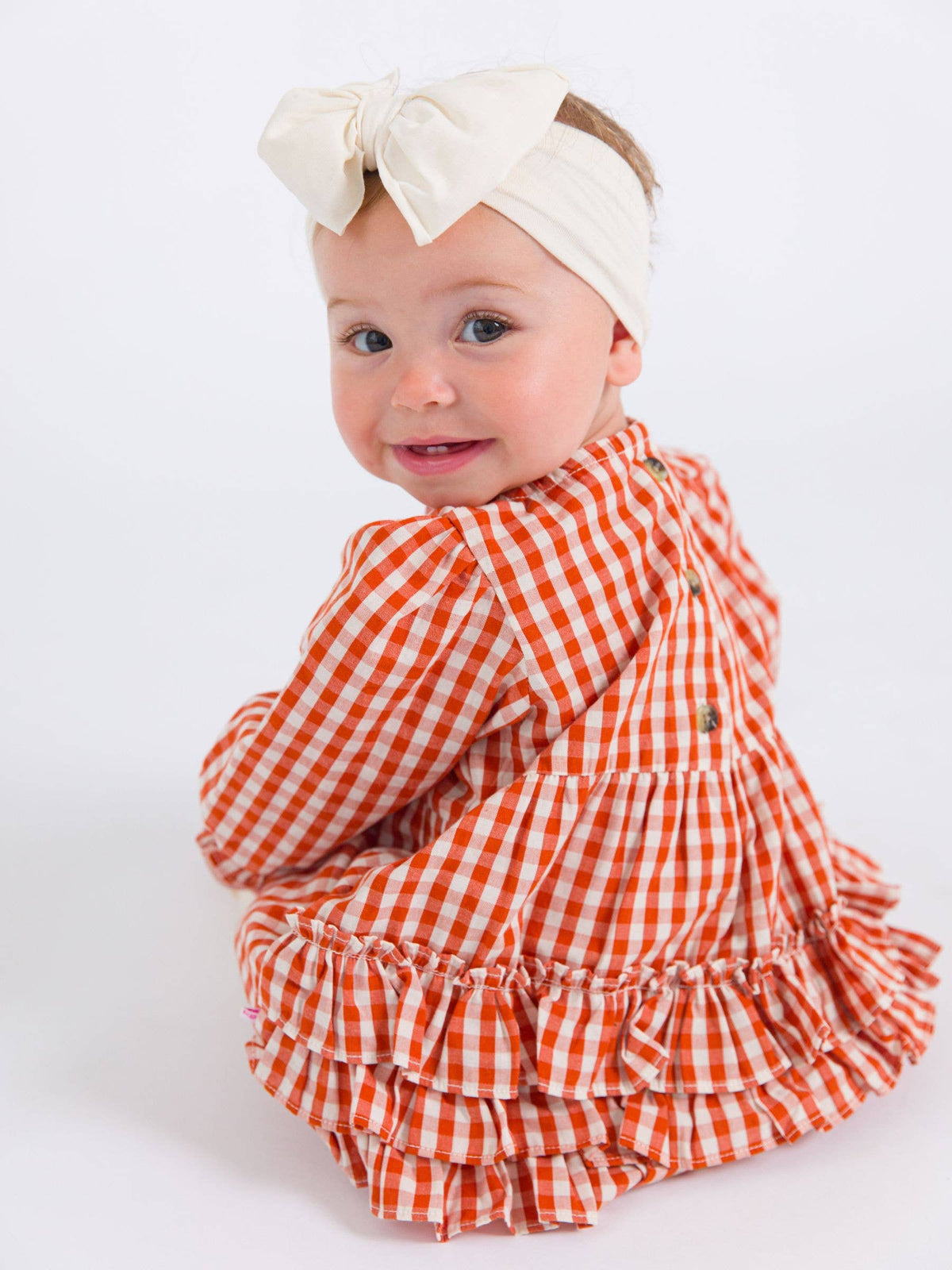 Baby Girls Classic Rust Gingham Woven Long Sleeve Bubble Romper: Orange
