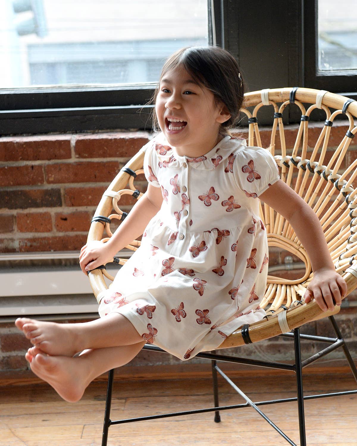 Girl Spring Frill Collar Henley Dress- Butterflies