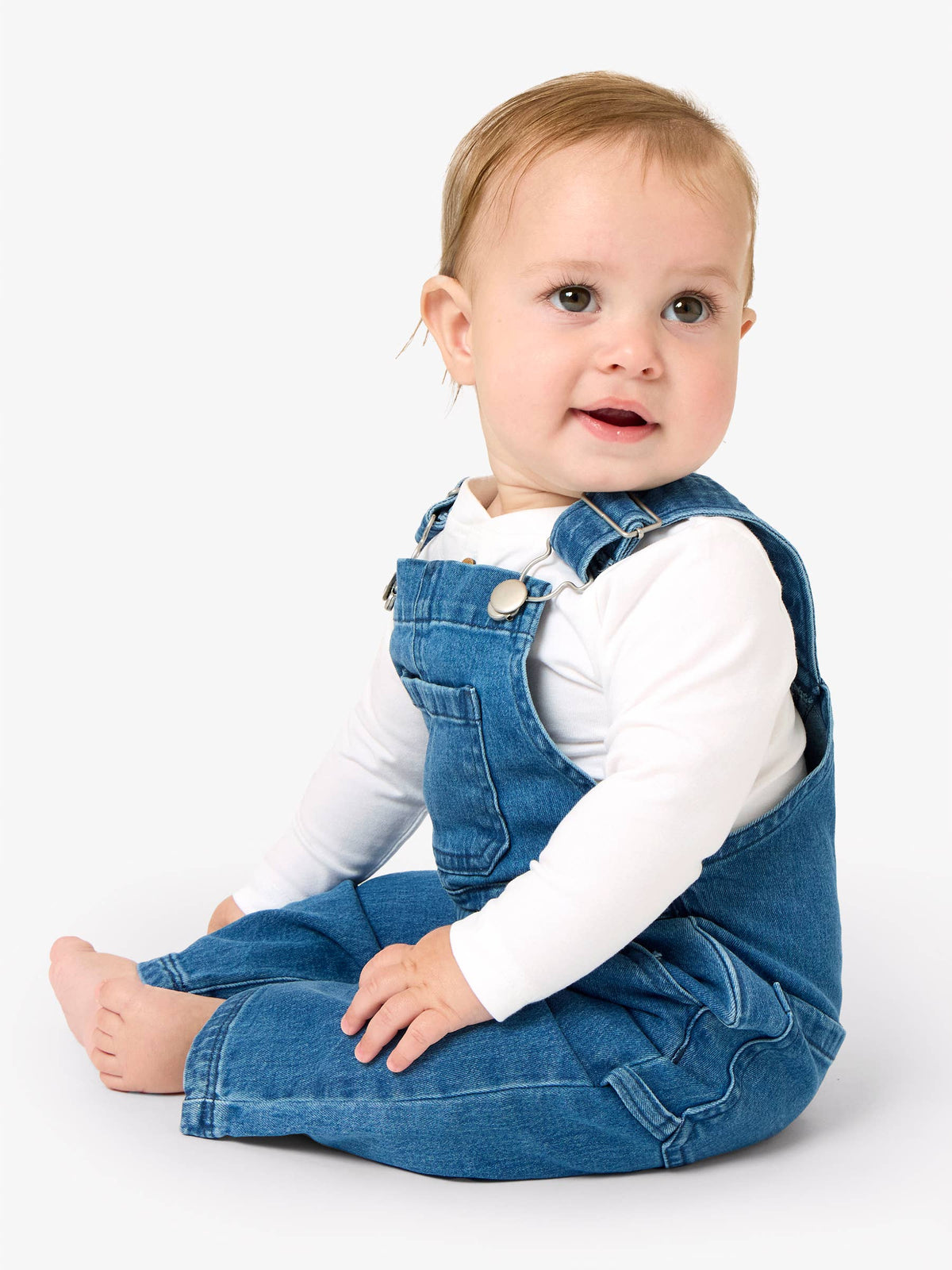 Medium Wash Stretch Denim Overalls: Blue
