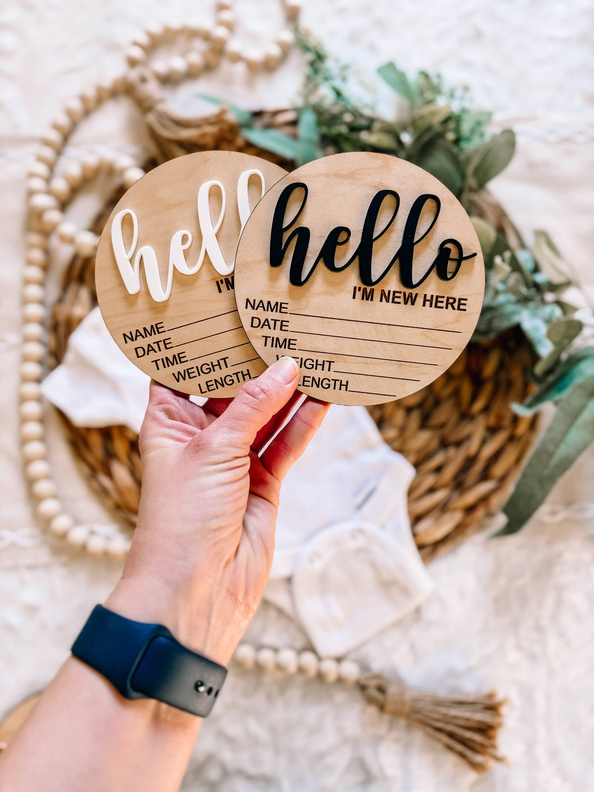 Hello World Birth Stat Announcement Wood Disc - 3D: White / 6 inch