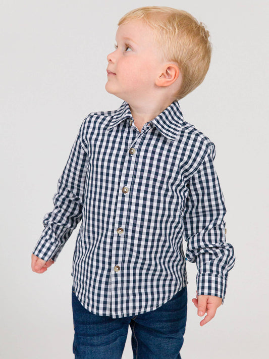 Boys Classic Dark Navy Gingham Long Sleeve Button Down Shirt: Navy