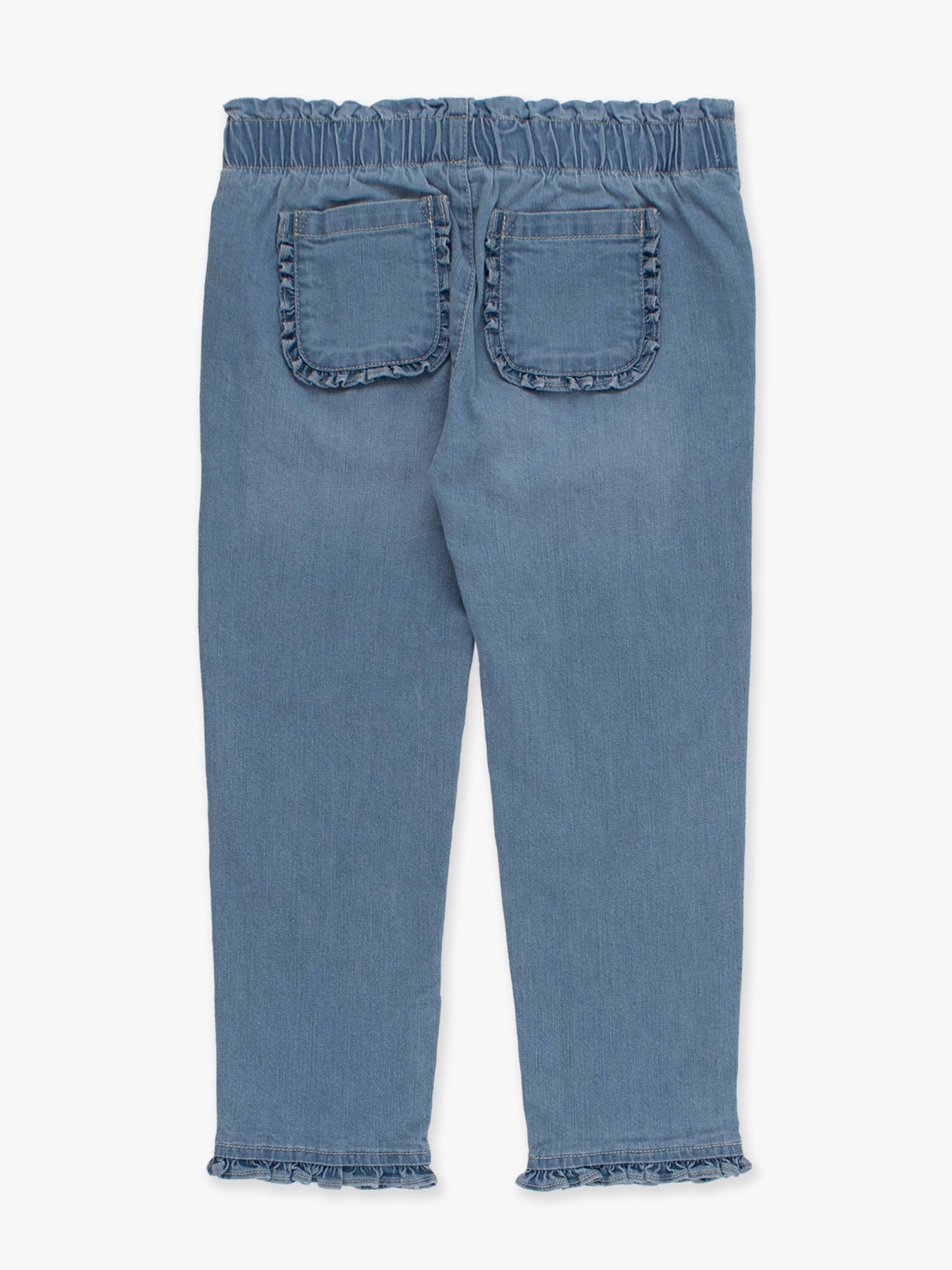 Girls Light Wash Stretch Denim Ruffle Straight Jeans: Blue