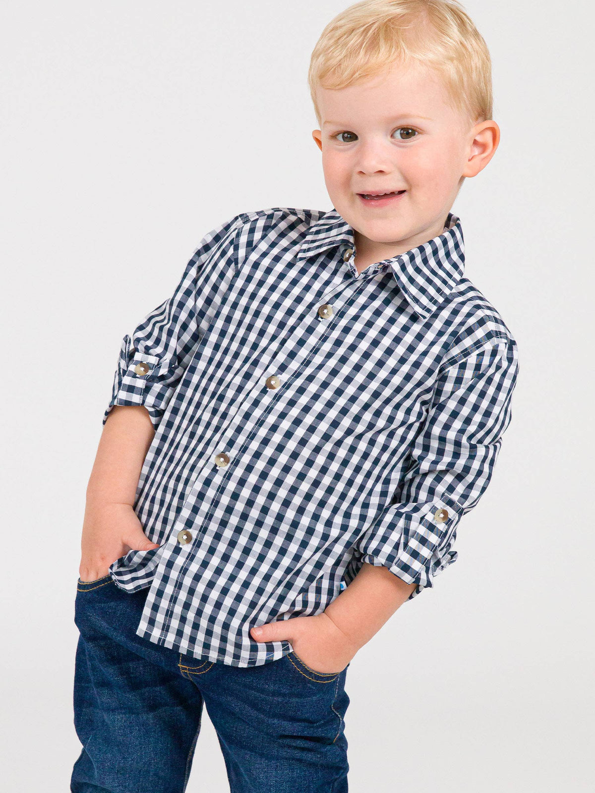 Boys Classic Dark Navy Gingham Long Sleeve Button Down Shirt: Navy