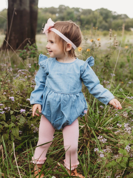 Baby Girls Light Wash Long Sleeve Flutter Bubble Romper: Blue
