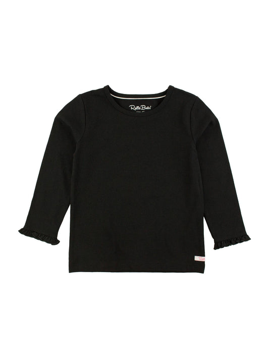 Girls Black Knit Long Sleeve Ruffle Sleeve Top: Black