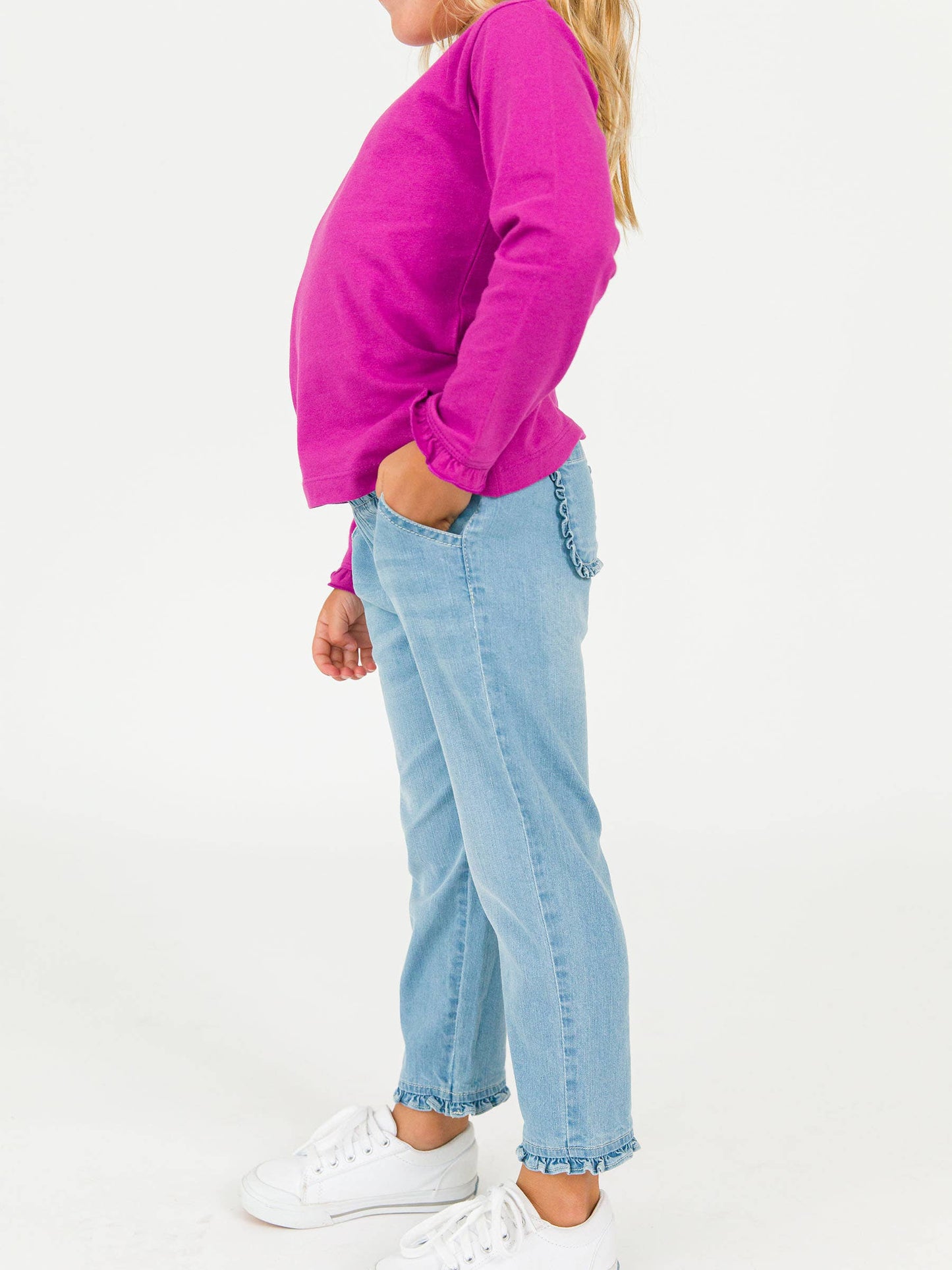 Girls Light Wash Stretch Denim Ruffle Straight Jeans: Blue