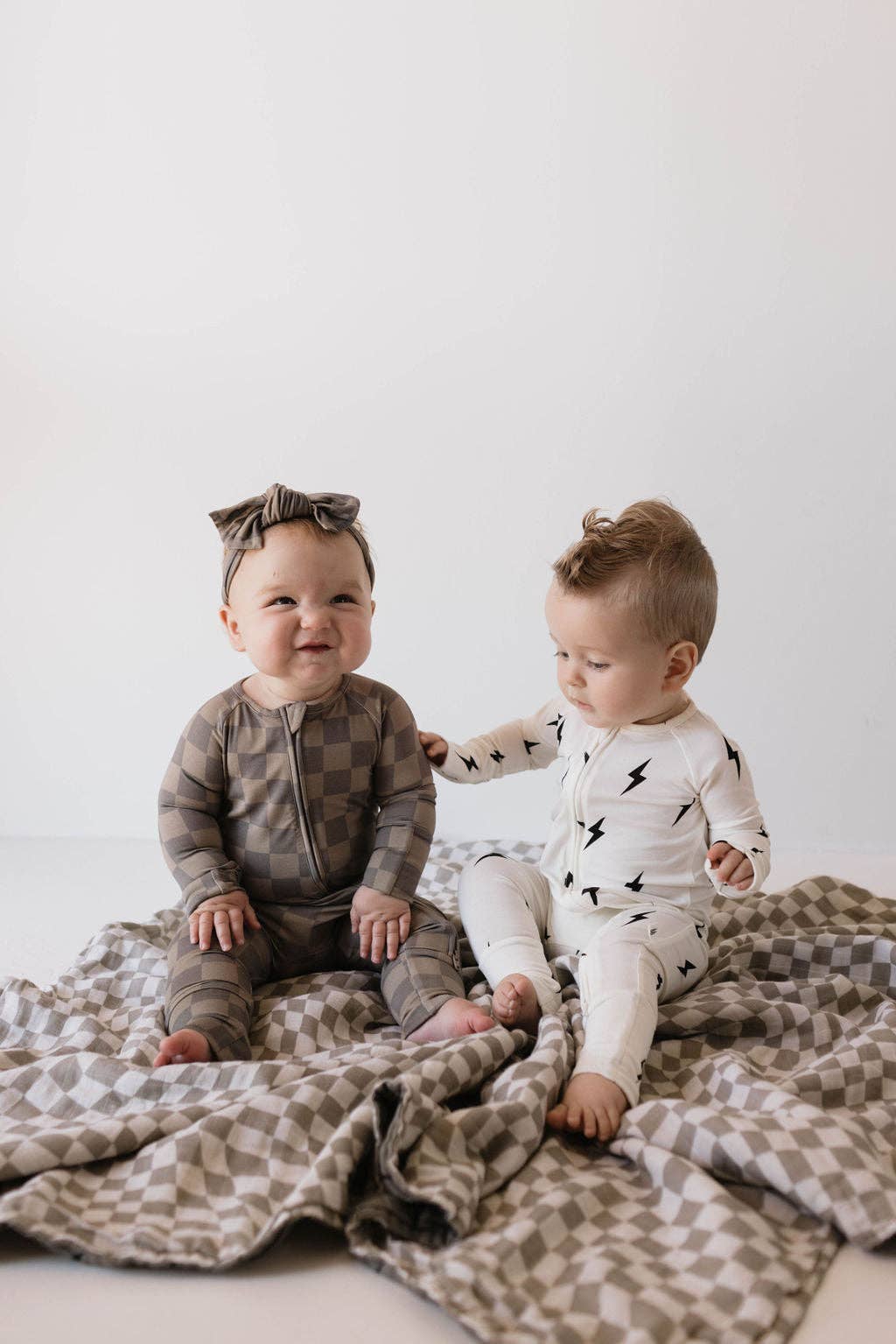 Bamboo Zip Pajamas | Faded Brown Checkerboard: 18-24 Months