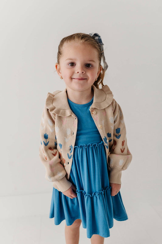 Babysprouts Girl's Floral Knit Cardigan: Beige Tulip Intarsia