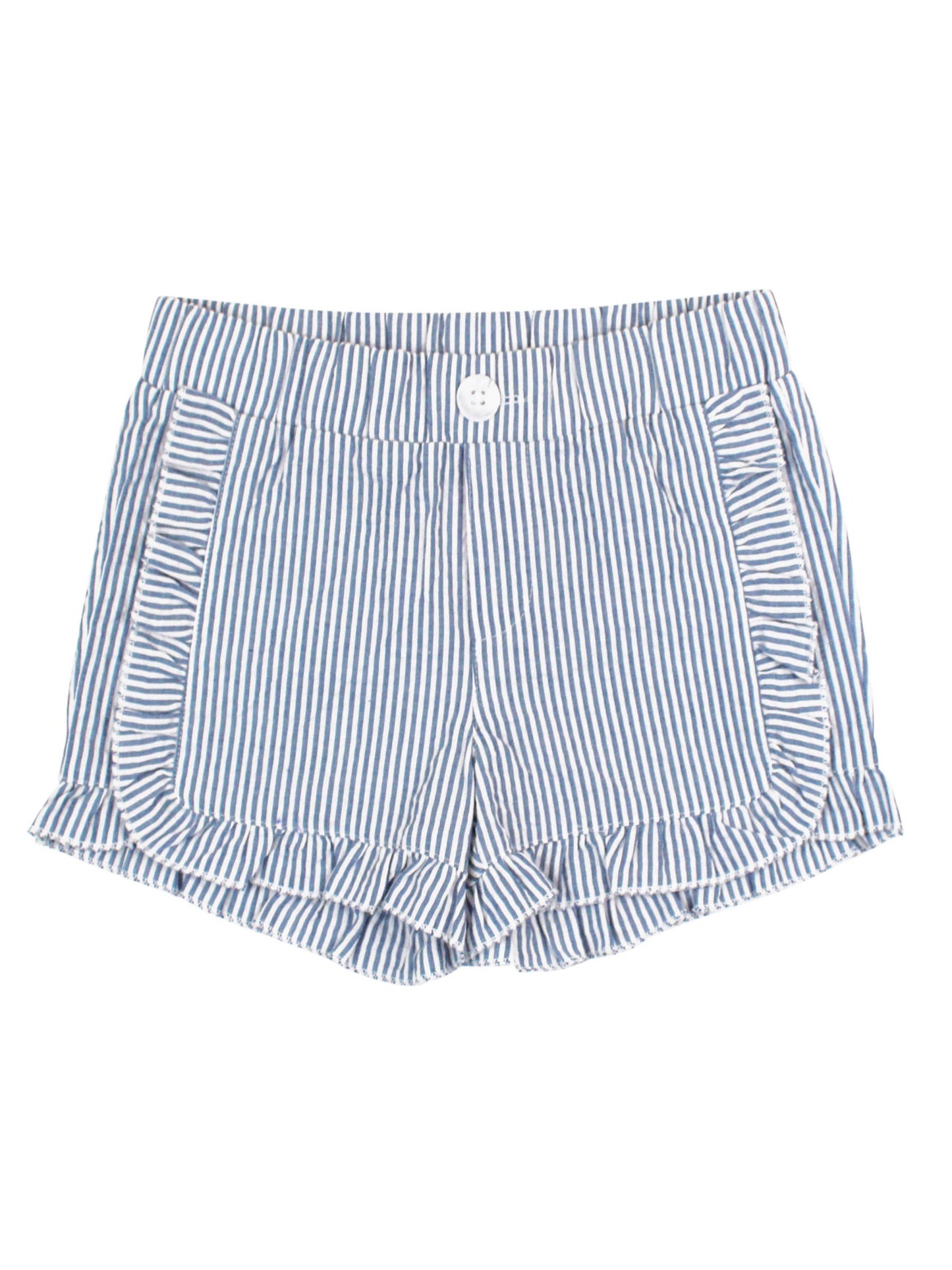 Toddler Girls Blue Seersucker Ruffle Trim Woven Shorts: Blue / 2T