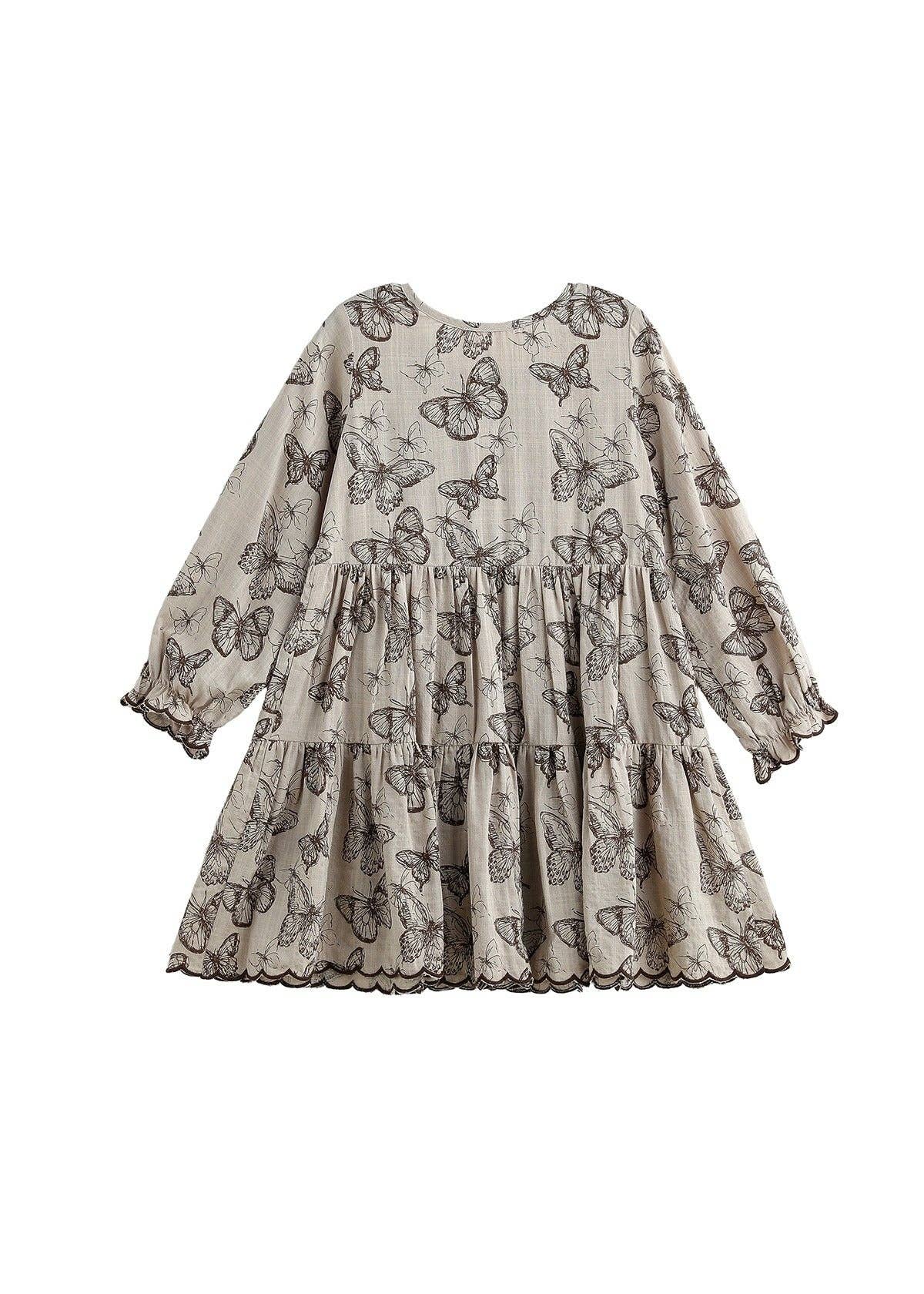 Miss Maple Long Sleeve Tiered Scalloped Dress: Brown
