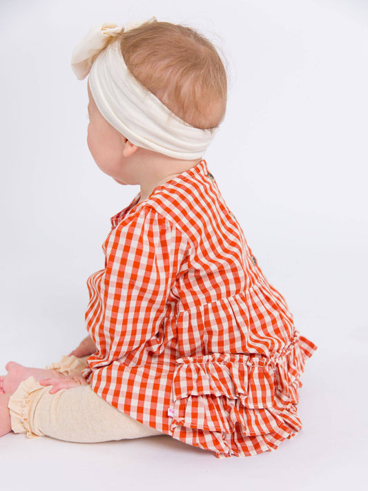 Baby Girls Classic Rust Gingham Woven Long Sleeve Bubble Romper: Orange