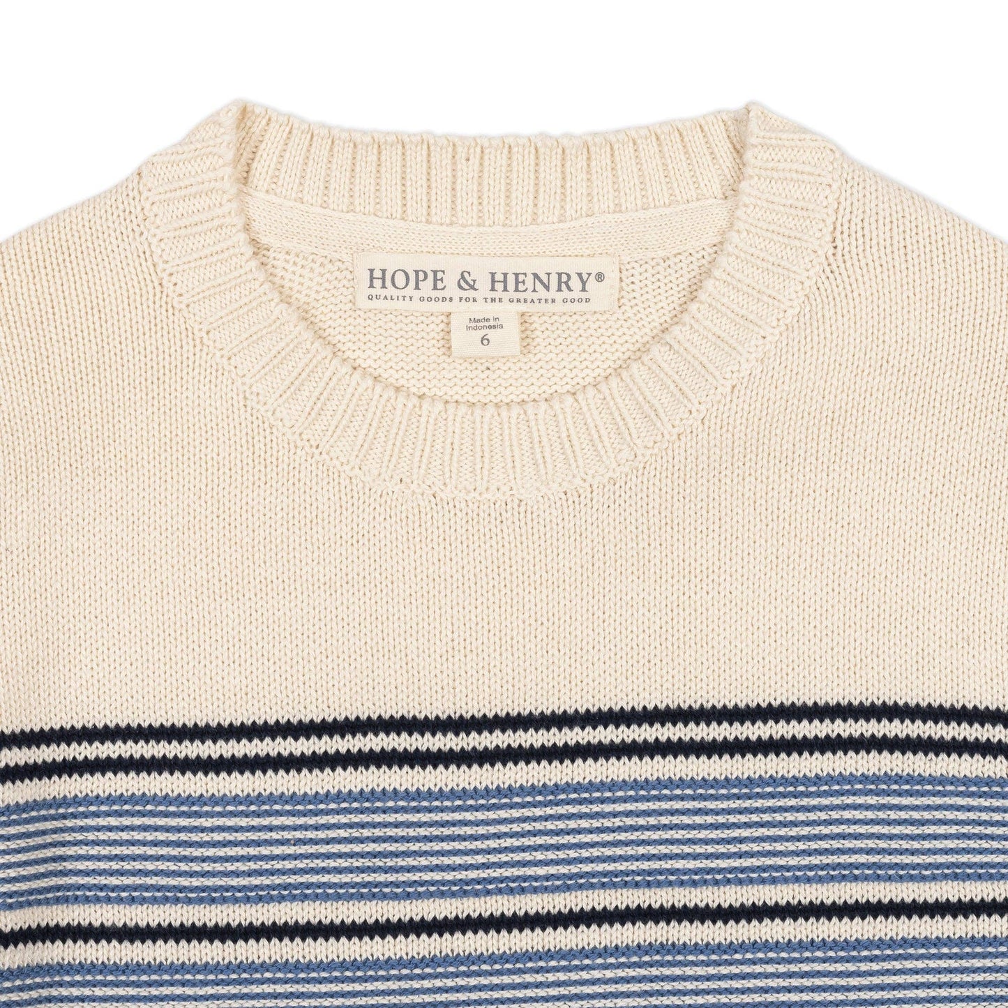Organic Crewneck Sweater: Ivory and Blue Chest Stripe