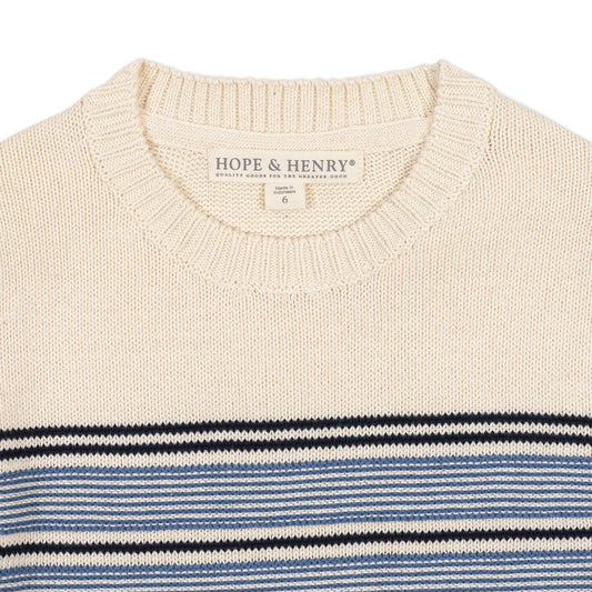 Organic Crewneck Sweater: Ivory and Blue Chest Stripe