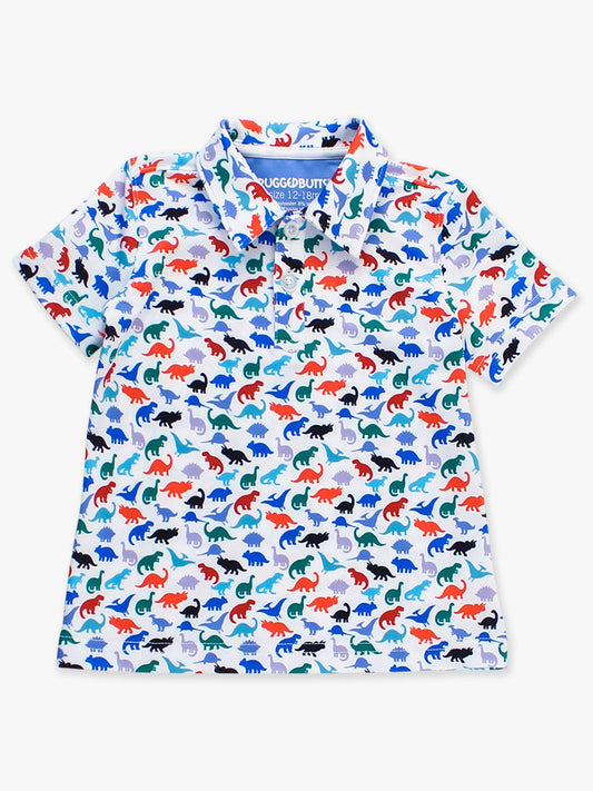 Boys Dino Roar Knit Short Sleeve Performance Polo: Navy