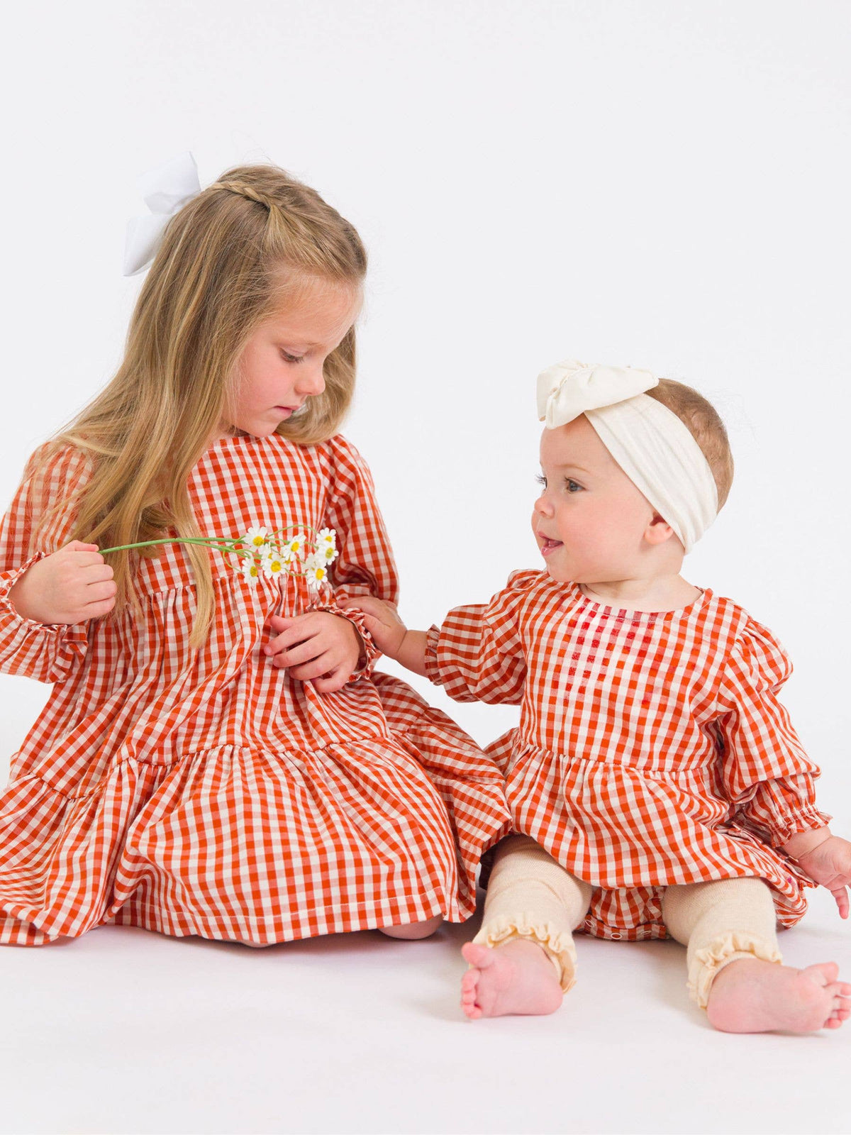 Baby Girls Classic Rust Gingham Woven Long Sleeve Bubble Romper: Orange