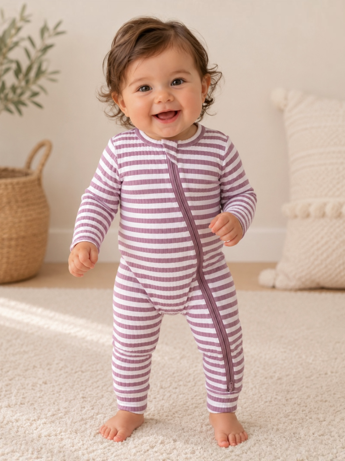 Violet Stripe / Ribbed 2-Way Zip Romper