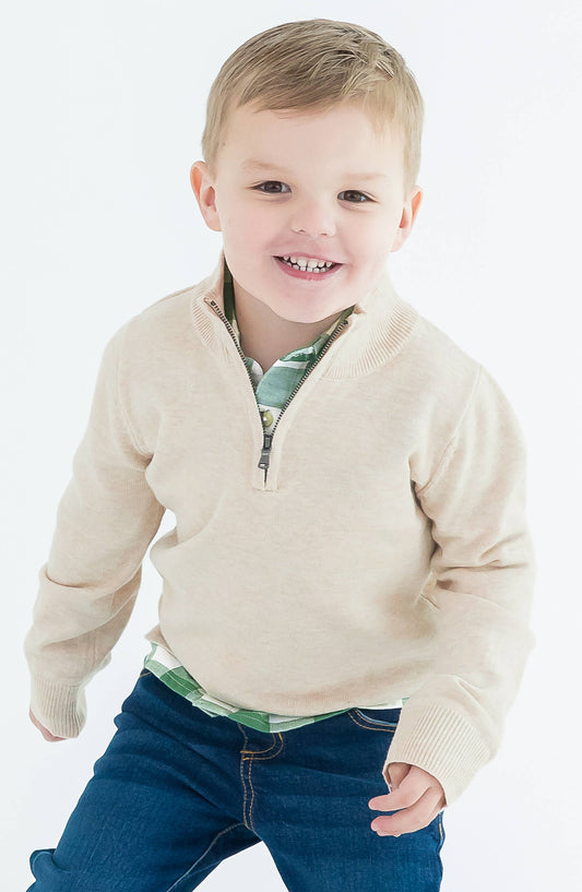 Boys Heather Oatmeal Quarter-Zip Sweater: Off-White