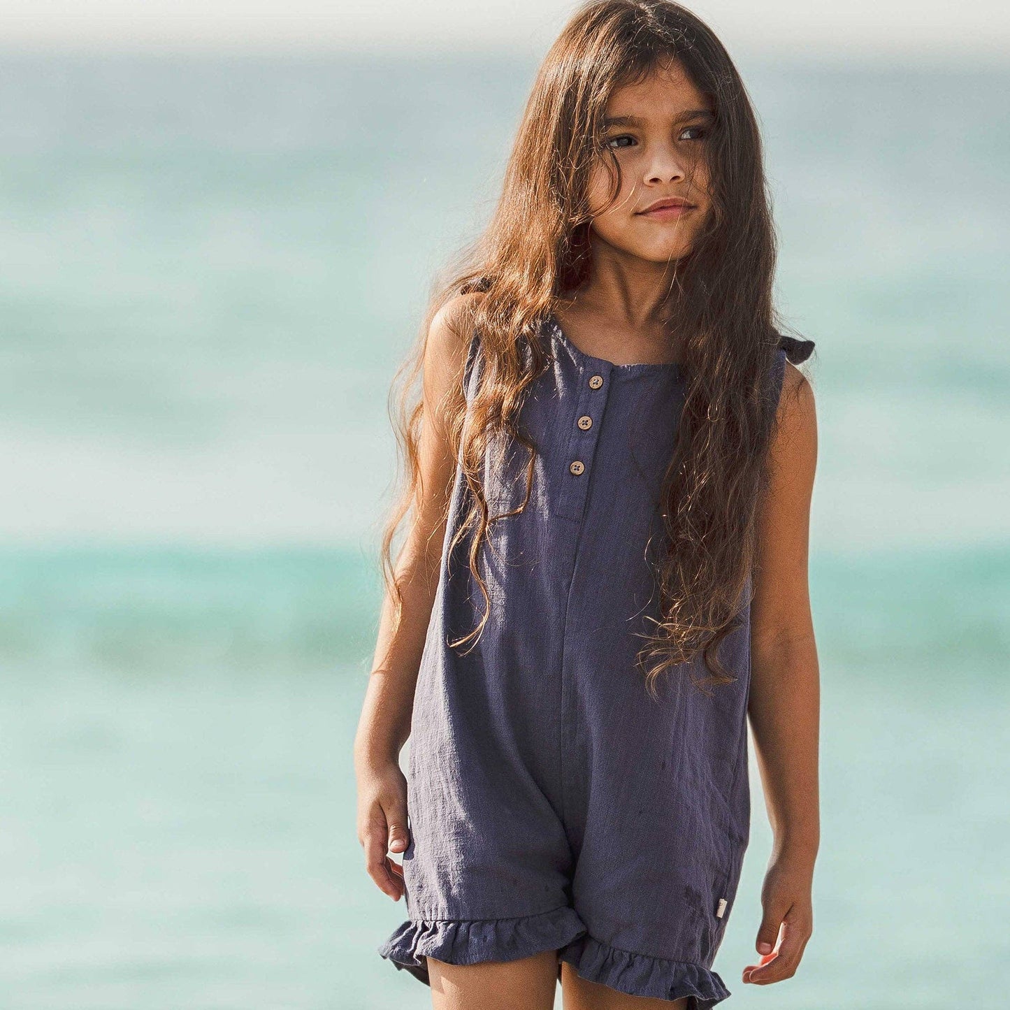 Check Gauze Blue Girl Romper - Blue Smoke: 12M