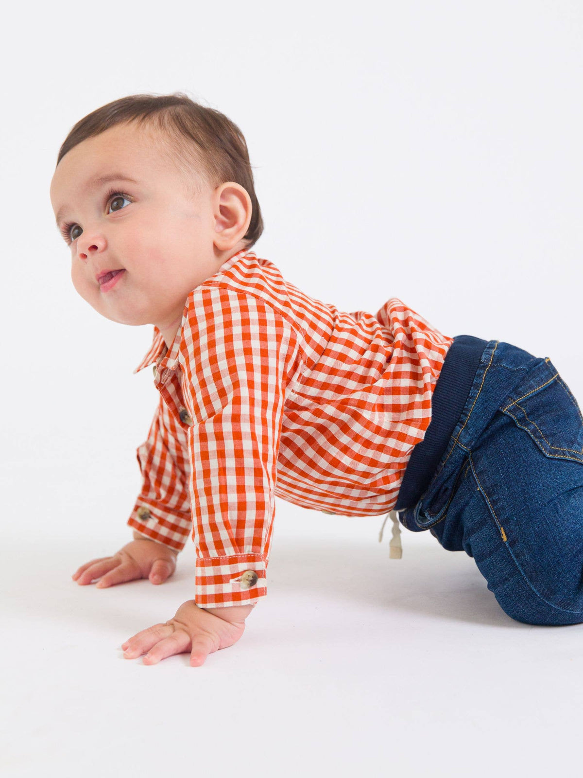 Baby Boys Classic Rust Gingham Long Sleeve Button Down Bodysuit: Orange