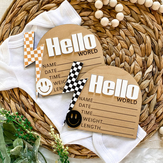 Hello World Birth Stat Sign - Checkered Bolt: Black