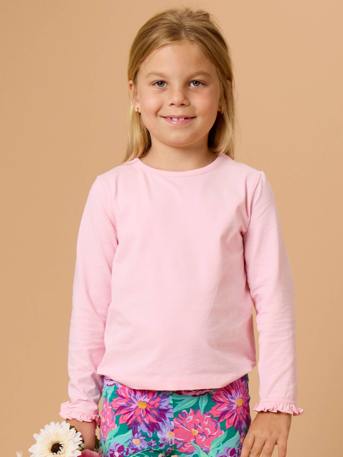 Girls Pink Knit Long Sleeve Ruffle Sleeve Top