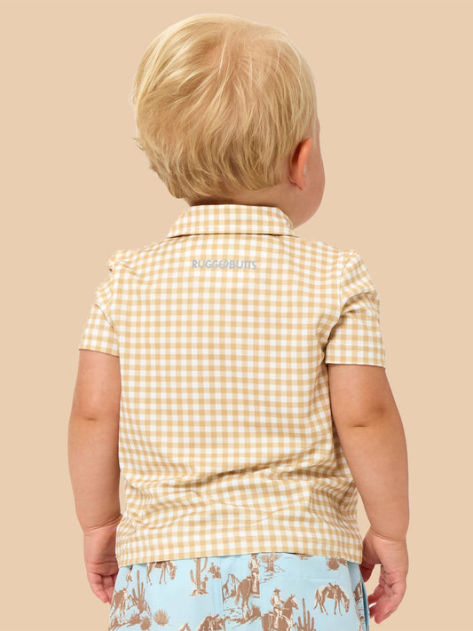 Boys Khaki Mini Gingham Knit Short Sleeve Performance Polo: Brown