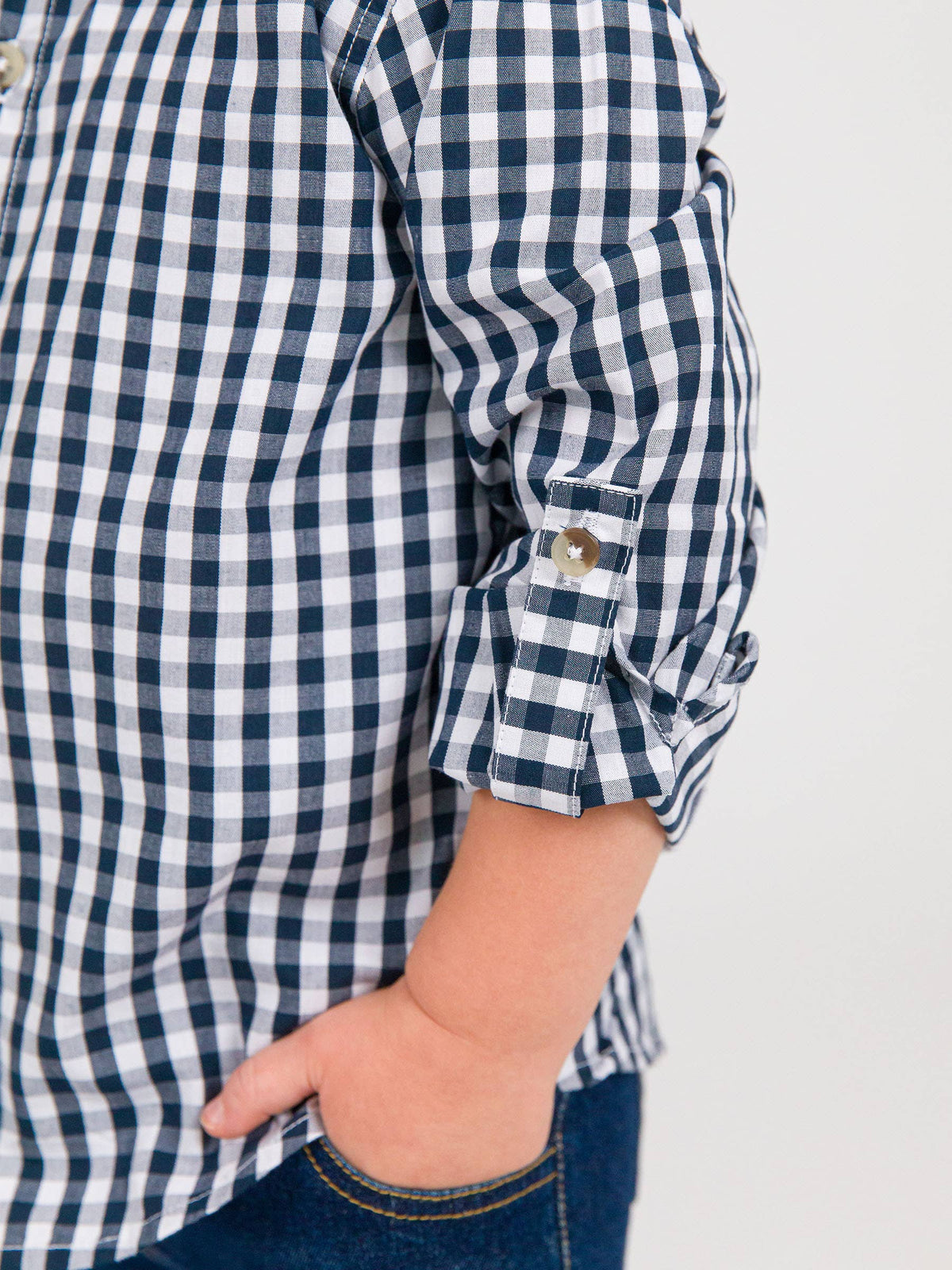 Boys Classic Dark Navy Gingham Long Sleeve Button Down Shirt: Navy