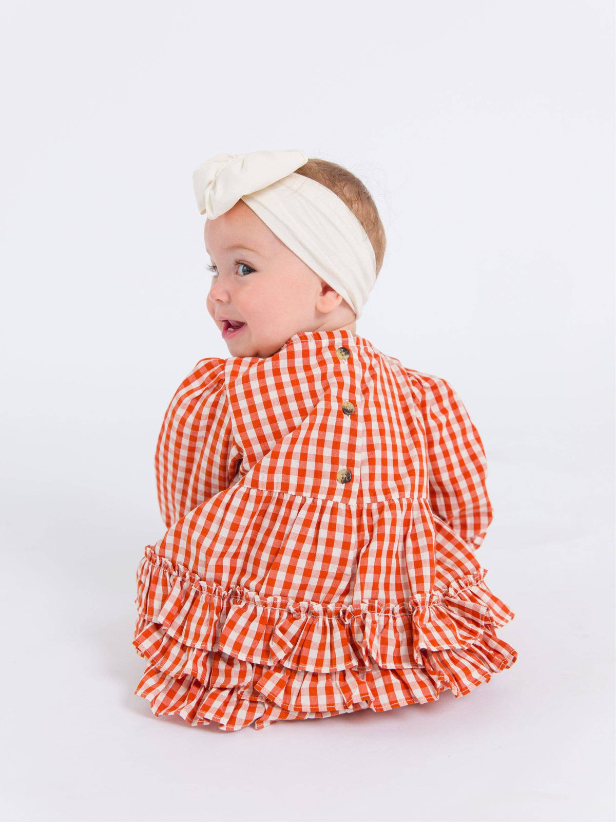 Baby Girls Classic Rust Gingham Woven Long Sleeve Bubble Romper: Orange