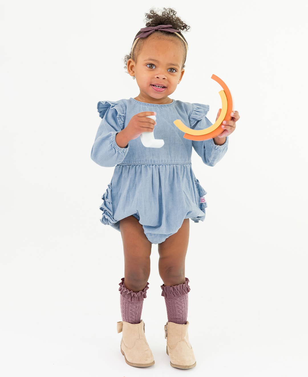 Baby Girls Light Wash Long Sleeve Flutter Bubble Romper: Blue