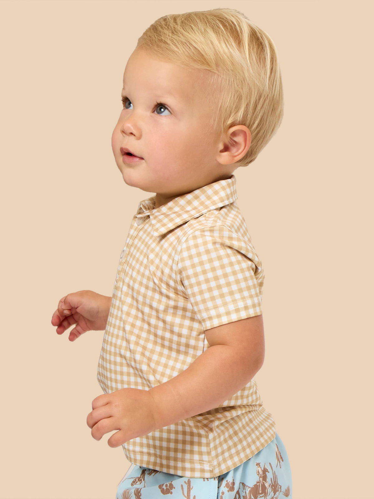 Boys Khaki Mini Gingham Knit Short Sleeve Performance Polo: Brown