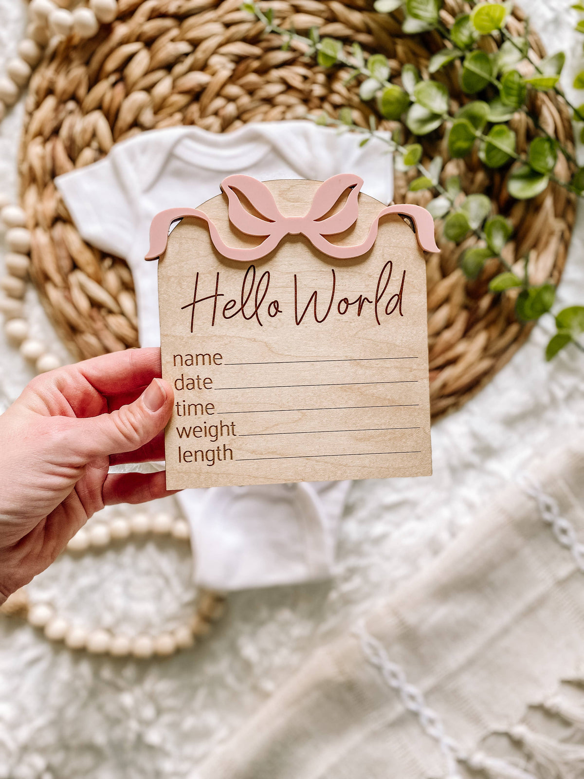 Hello World Birth Stat Sign - Bows: Blush