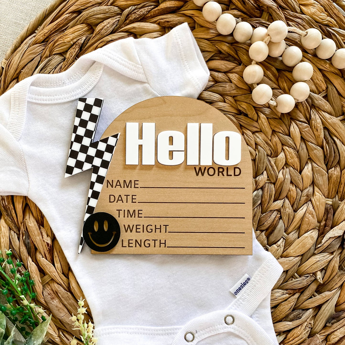 Hello World Birth Stat Sign - Checkered Bolt: Black